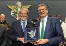 Giancarlo Giorgetti, Ministro dell'Economia, in visita allo stand Federmoto a EICMA